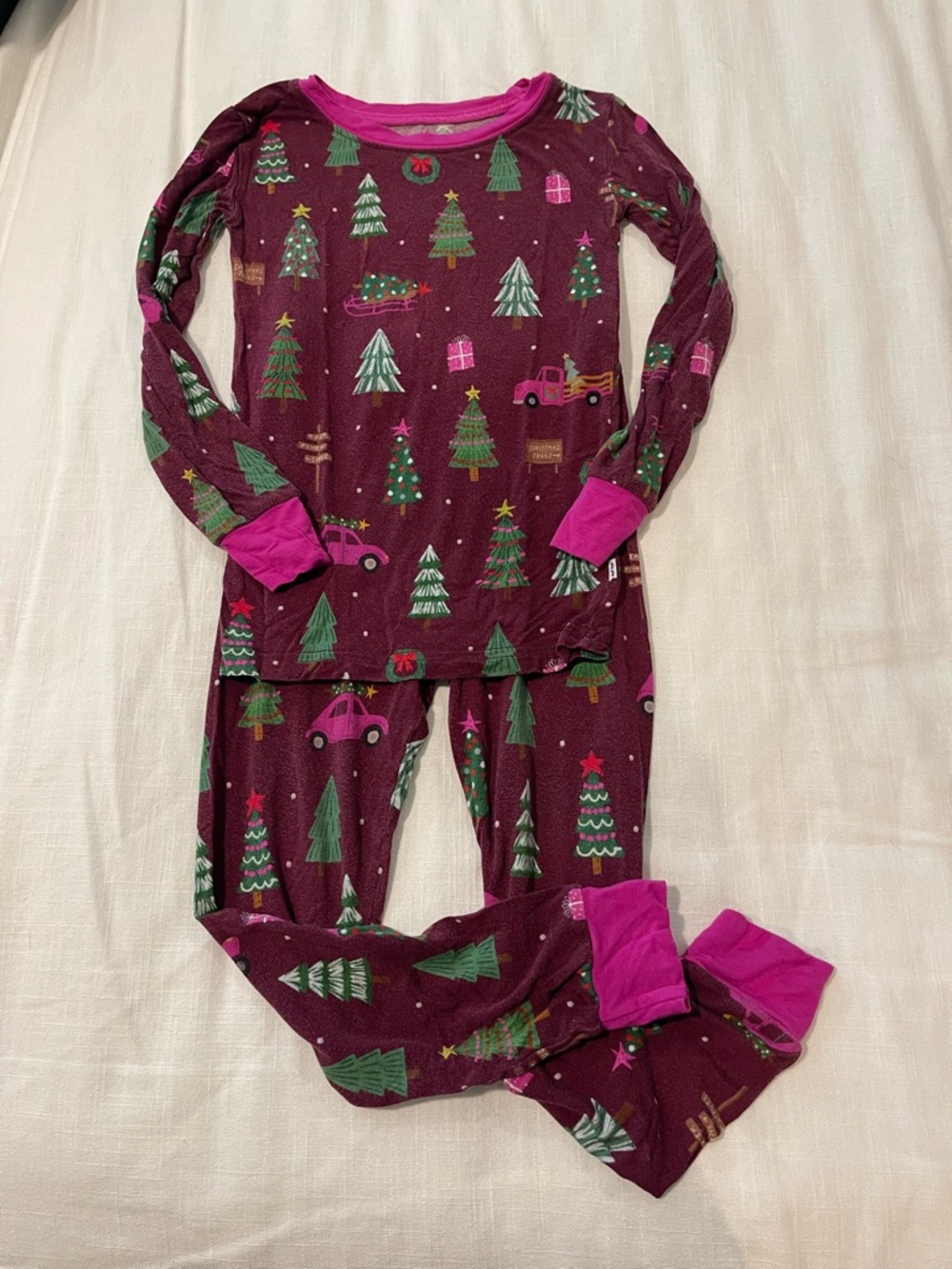 Little Sleepies Burgundy Christmas Tree and Pink Truck Pajama Set